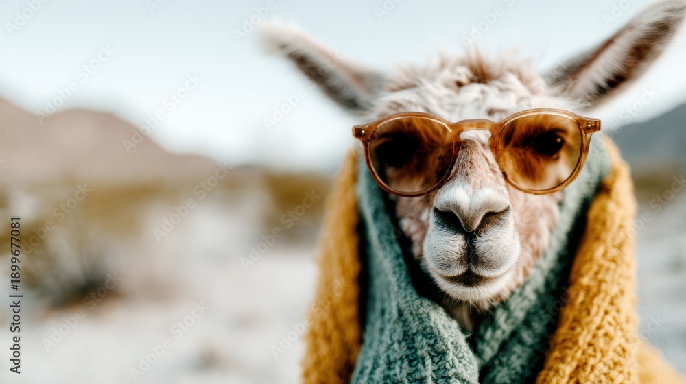 Fototapeta premium An adorable and stylish llama wearing sunglasses and a colorful scarf, capturing a playful spirit in a beautiful outdoor setting with mountains and blue skies in the background.