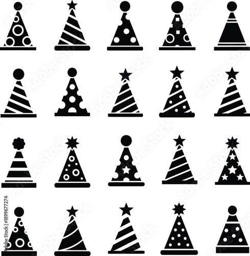 Birthday party hats set with various decorations