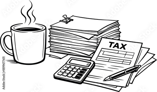 Tax preparation with coffee, calculator and papers
