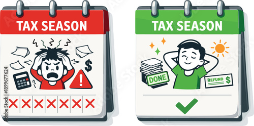 Tax season stress vs. relief with refund and tasks done