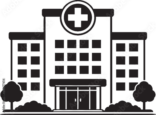 Hospital Building Healthcare Facility Black and White Vector Illustration