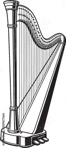 Concert Harp Musical Instrument Black and White Line Art Illustration