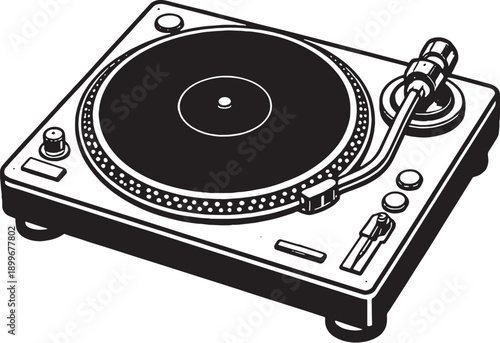 DJ Turntable Black and White Line Art Illustrationeps