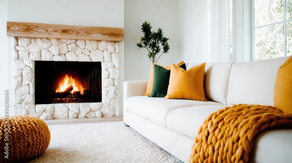 Obraz premium This inviting photo showcases a cozy living room featuring a beautiful stone fireplace, perfect for warmth and comfort, complemented by green plants and soft textures.