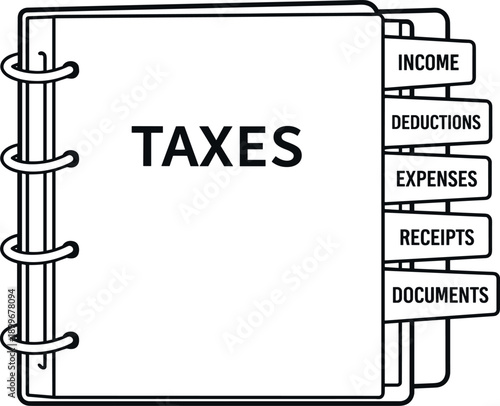 Tax binder with labeled tabs for income and expenses