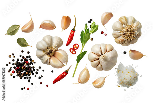 Fresh garlic cloves bulbs onions herbs spices cooking ingredients top view transparent background healthy food
