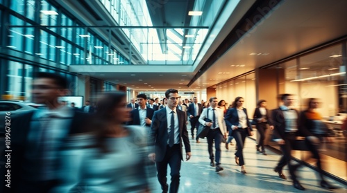 motion blur image of business people crowd walking at corporate office in city downtown