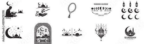set of animal plant and tree silhouettes vector icons