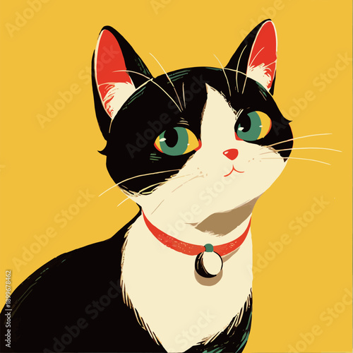 A black and white cat looks up with bright green eyes. Its red collar stands out against a yellow background. The cat appears curious and attentive in the scene.
