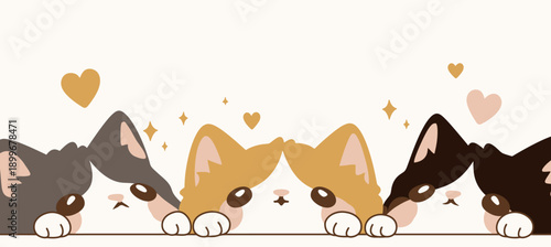 Four cartoon cats peer over a table. They have different fur colors and patterns. Small hearts and sparkles float around them in a simple setting.