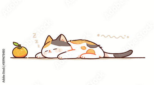 A cat rests on a flat surface beside an orange. The cat has a mix of colors and is sound asleep. The scene is bright and shows a relaxed moment during the day.