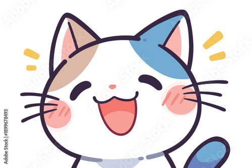 A cartoon cat stands with a wide smile. The cat has patches of color on its ears and tail. It displays joy with its cheerful expression. The background is plain and light.