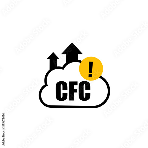 Vector icon of a cloud with "CFC" text, rising arrows, and an exclamation warning symbol. Professional graphic representing ozone depletion, environmental pollution, and climate change.