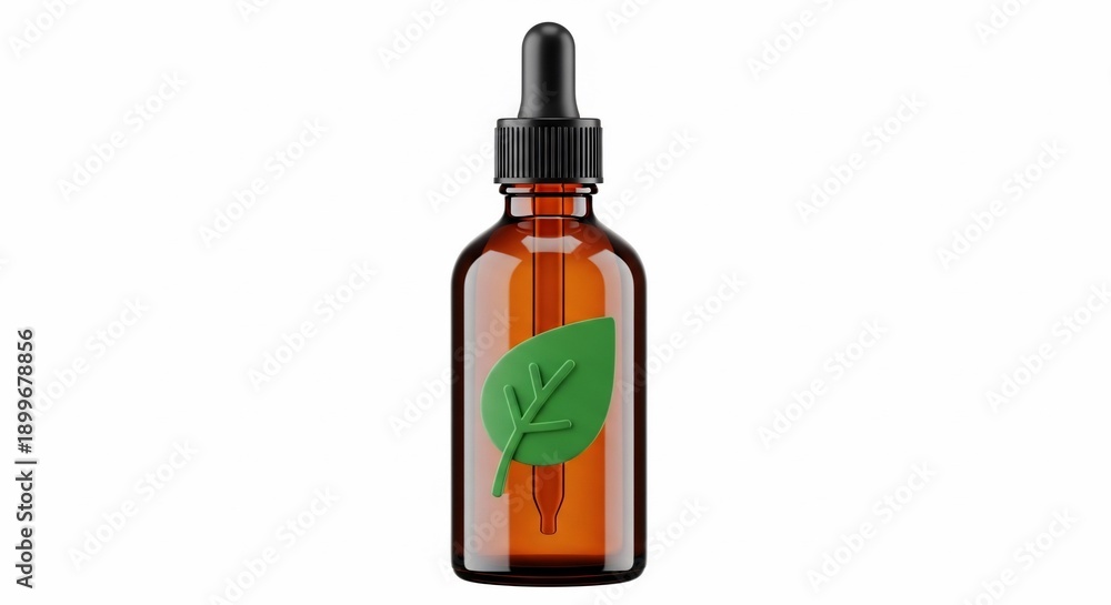 Fototapeta premium Amber Glass Dropper Bottle with Green Leaf Label.