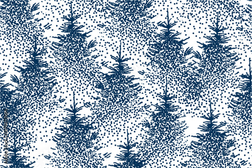Winter Seamless Pattern with Blue Dotted Spruce Trees and Snowfall on White Background. Hand-drawn vector illustration