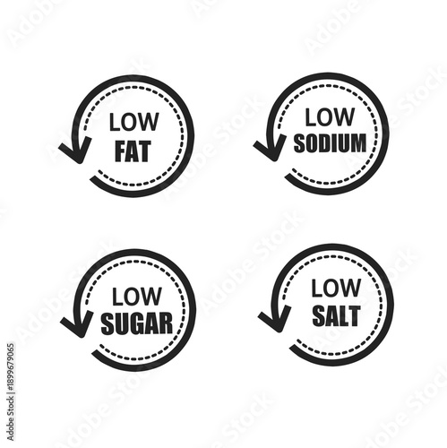 Minimalist vector set of nutrition labels including Low Fat, Low Sodium, Low Sugar, and Low Salt. Professional black and white icons for healthy food packaging, dieting, and wellness content.