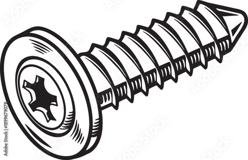 Close-up of a single metal screw with a star drive head and sharp threads on white background