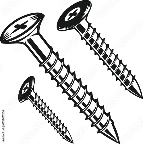 Three Wood Screws, Different Sizes, Black and White Illustration, Stock Media