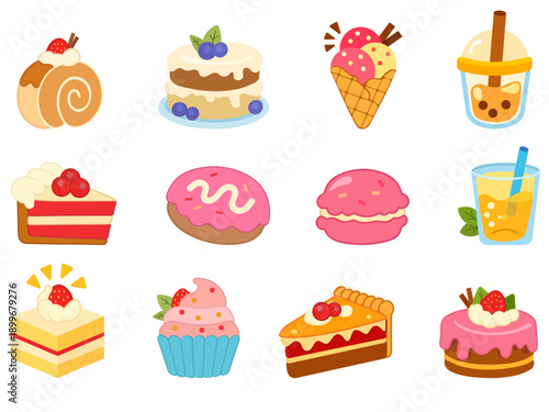 Cute Dessert and Sweet Food Flat Icon Set