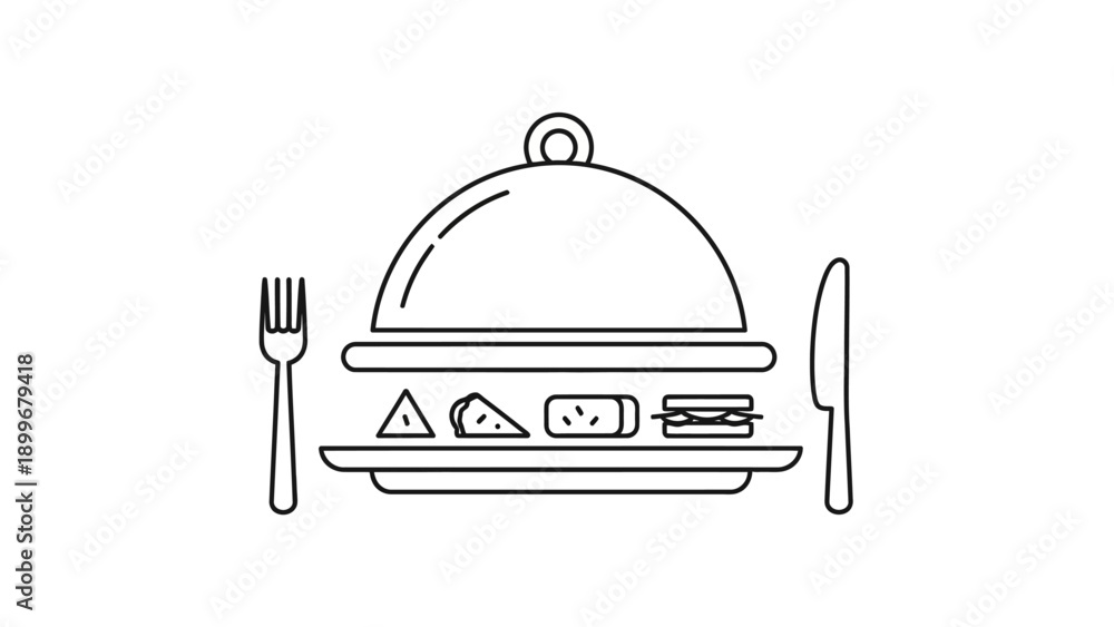 Fototapeta premium Minimalist cloche, plate, food, fork, and knife icon