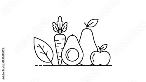 Minimalist line art illustration of fresh fruits and vegetables