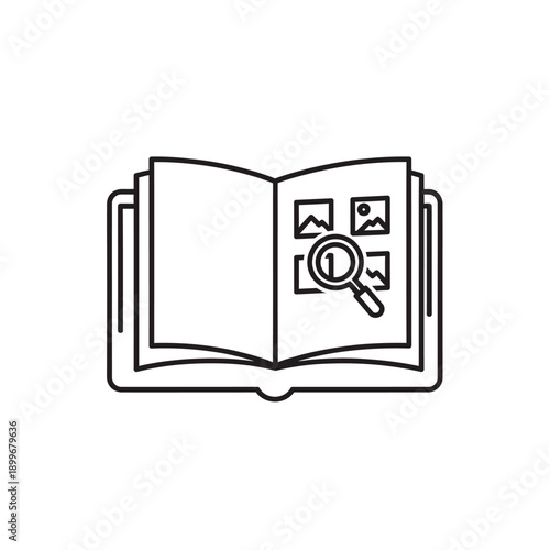 Open book with magnifying glass searching image gallery icon