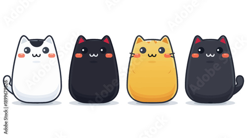 Four cartoon cats sit closely together. They have different colors like white, black, and yellow. Each has a simple face and looks cute. This scene is bright and playful.