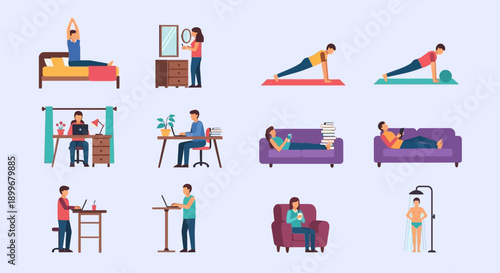 Illustrations of people engaging in various daily activities at home.