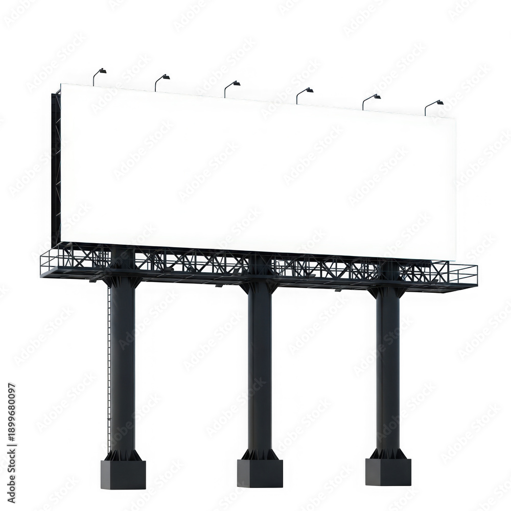 Obraz premium Blank billboard on three black poles standing against white background awaiting advertisements