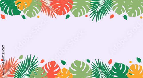Tropical leaves border with green, orange, and red foliage.