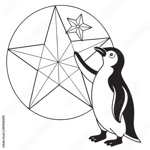Penguin holding a star next to a geometric star design  