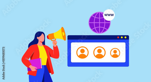 Woman announcing online presence through megaphone and web browser.