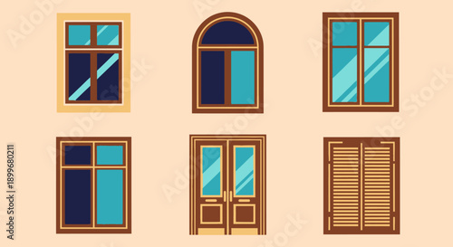 Collection of variously styled windows and a door in a graphic illustration.