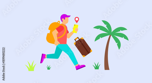 Cartoon traveler with backpack and suitcase walking towards a palm tree.