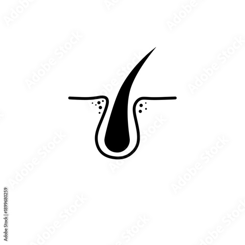 Minimalist black and white vector icon of a human hair follicle rooted in the skin. Professional medical graphic representing dermatology, hair growth, skincare, and anatomy.