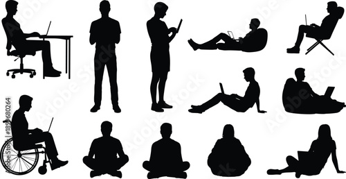 Black silhouettes of diverse people using laptops and tablets in various poses including sitting standing reclining and wheelchair users for modern technology lifestyle concepts