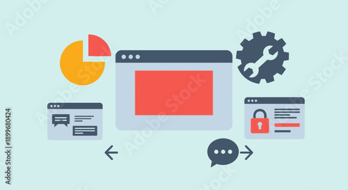 Web Development and Security Concept with Browser Windows and Icons.