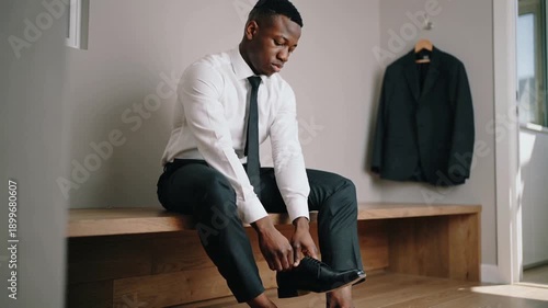 black young businessman putting on dress shoes at home