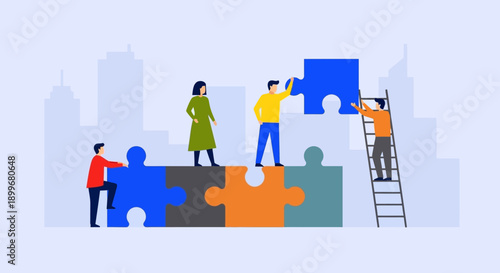 Teamwork and collaboration illustrated with puzzle pieces and cityscape.