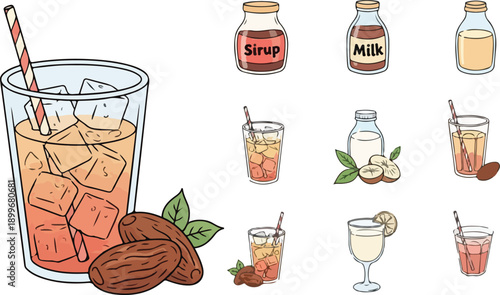 Refreshing Iftar Drink Set for Ramadan with Dates Fruit Syrup Milk and Iced Tea Illustration