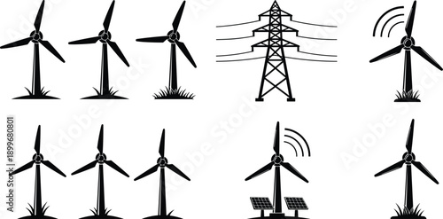 Black silhouette icons of wind turbines solar panels and electric power transmission towers representing renewable energy sources sustainable development and green eco friendly technology