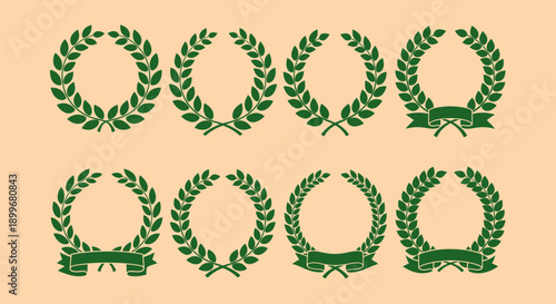 Collection of green laurel wreaths on peach background.