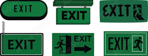 Exit icon set collection group with emergency direction signs, arrow symbols, running man pictogram, safety evacuation signage design isolated on white background vector.