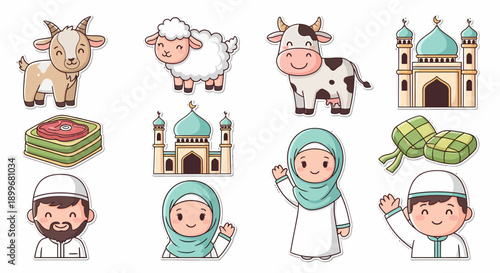 Festive cartoon vector illustrations for Eid al-Adha celebrations, featuring cute sacrificial animals like goats, sheep, cows, mosques, Muslim characters, and cultural symbols