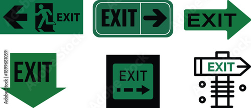 Exit icon set collection group with emergency direction signs, arrow symbols, running man pictogram, safety evacuation signage design isolated on white background vector.