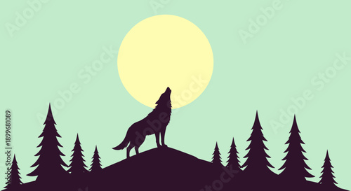 Silhouette of a wolf howling at the full moon in a forest.