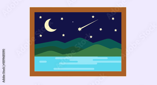 Serene Night Landscape with Crescent Moon and Shooting Star.