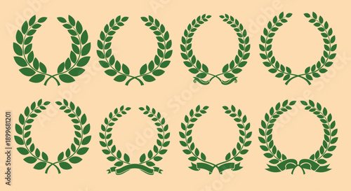 Collection of green laurel wreaths on beige background.