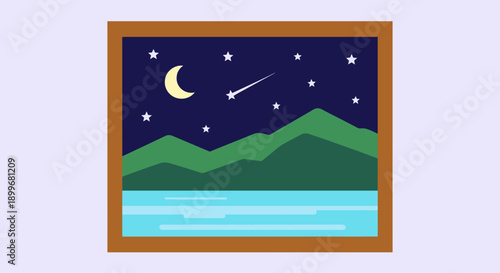 A serene night landscape with a crescent moon and shooting star over mountains and water.