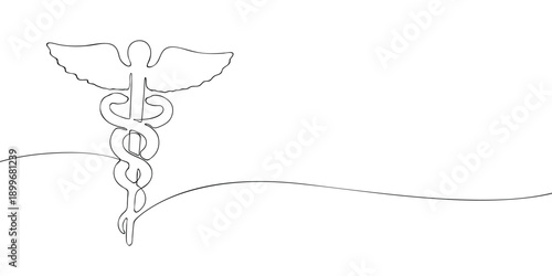 Minimal line illustration of the caduceus symbol, featuring a winged staff with two intertwined serpents, commonly associated with medicine, healthcare, and medical services.